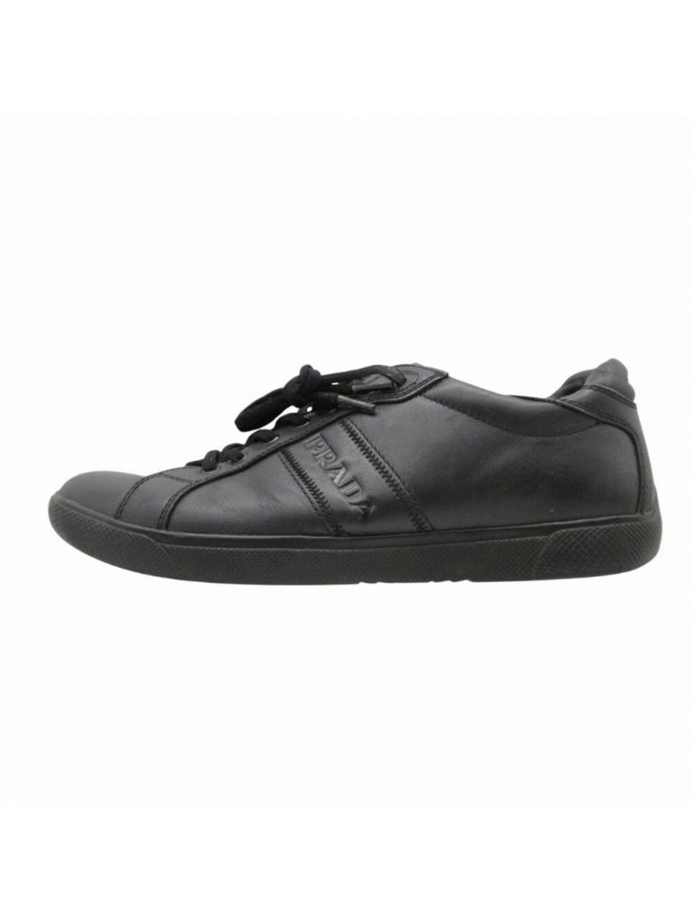 Prada Sports Sneakers Leather Low Cut Shoes Logo Stitch Black 7.5